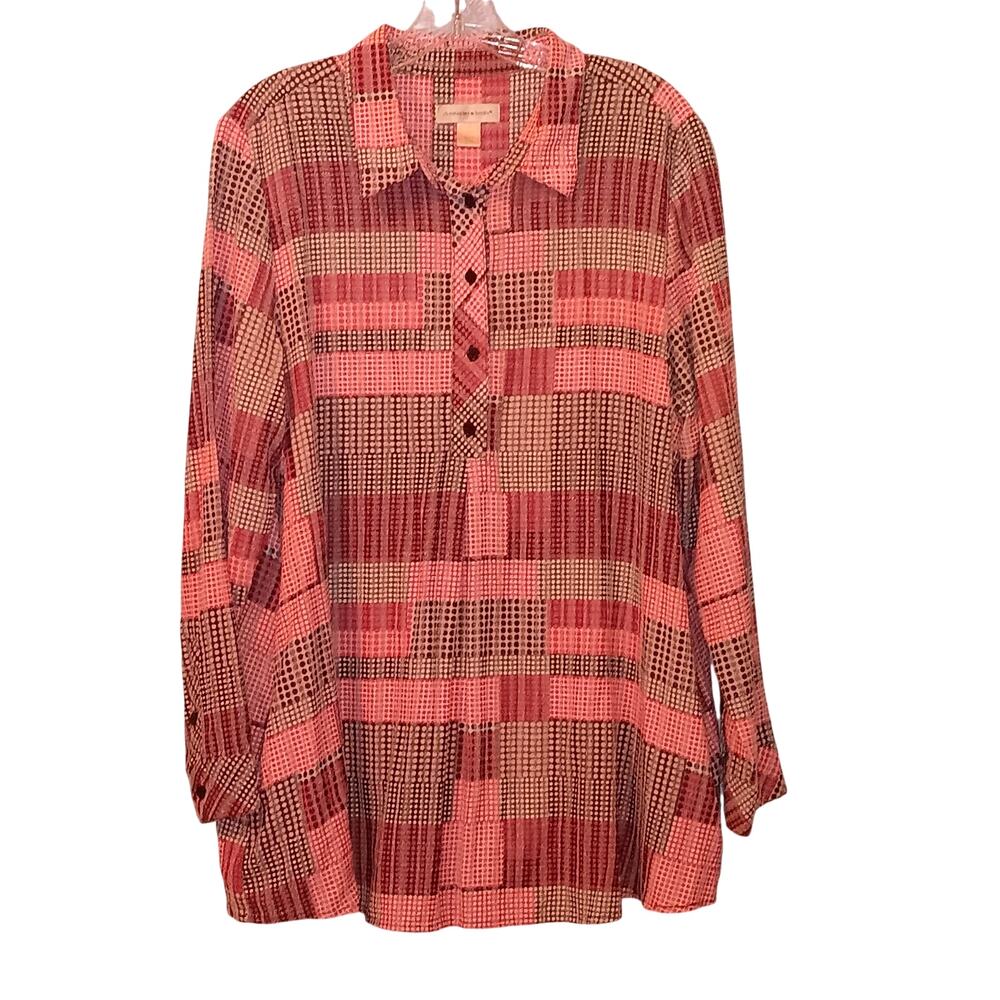 EUC Christopher & Banks Size L Pink Black Polka Dots Long Sleeve Blouse/Tunic